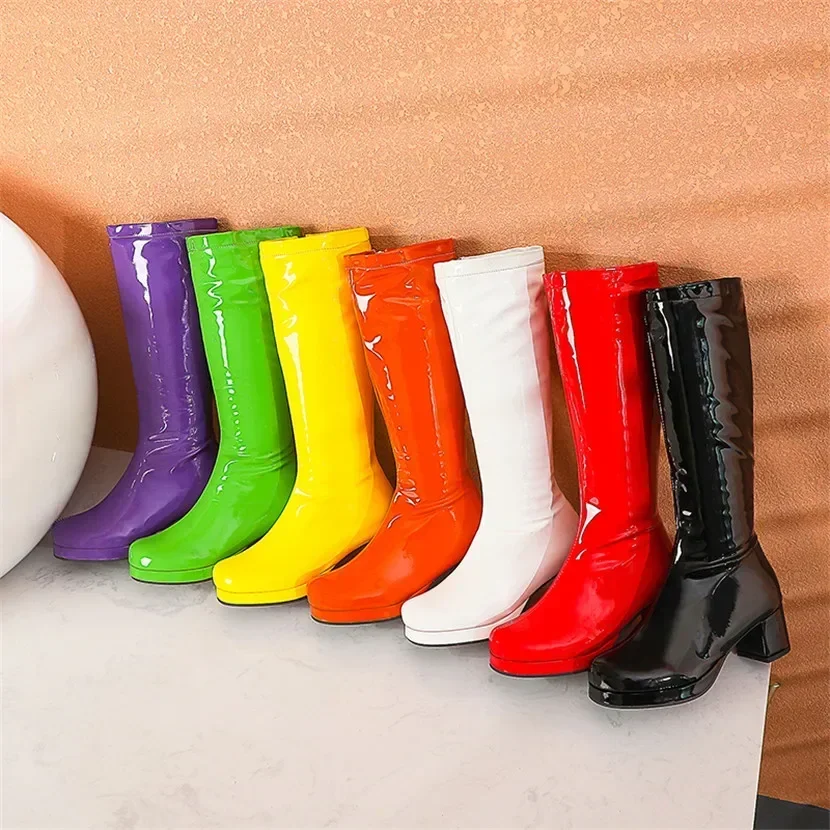 Plus Size Women Knee High Platform Boots Orange Red White Patent Leather High Chunky Heel Lady Round Toe Zipper Long Go Go Boots