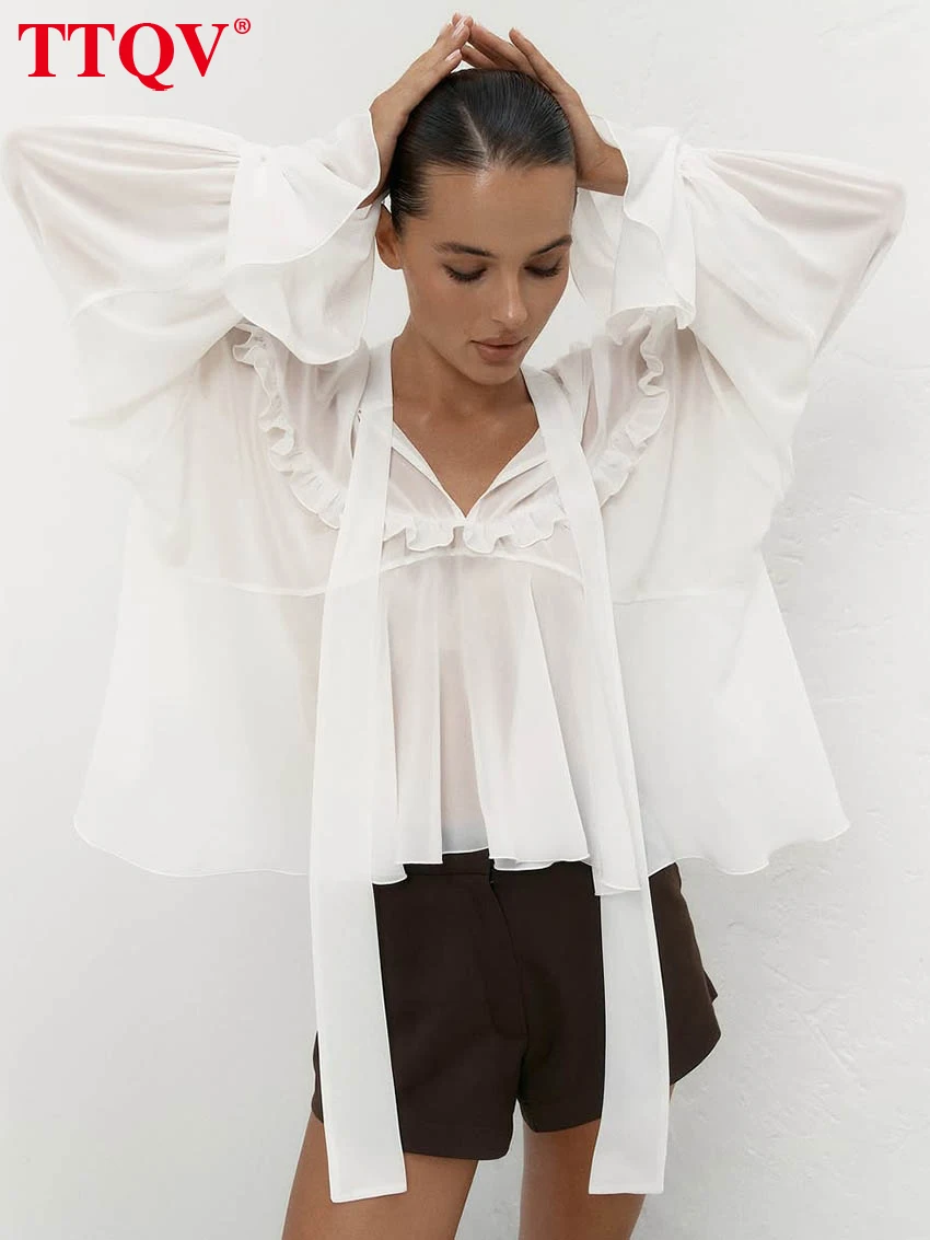 

TTQV Fashion Loose White Women's Shirt 2025 Casual Bow Collar Long Sleeve Shirts Elegant Classic Ruffle Top Female Clothing