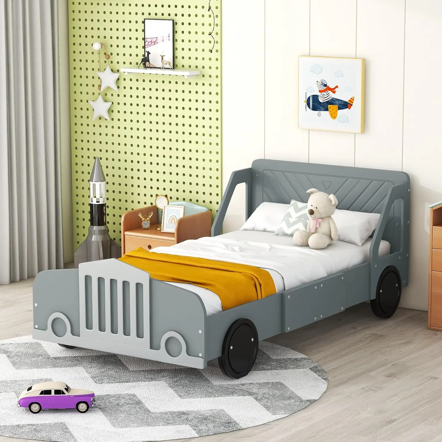 Twin Size Car Shaped Platform Bed, Sturdy Wood Bed Frame With Wheels And Guardrails For Boys Girls, Wood Slat Support, No Box