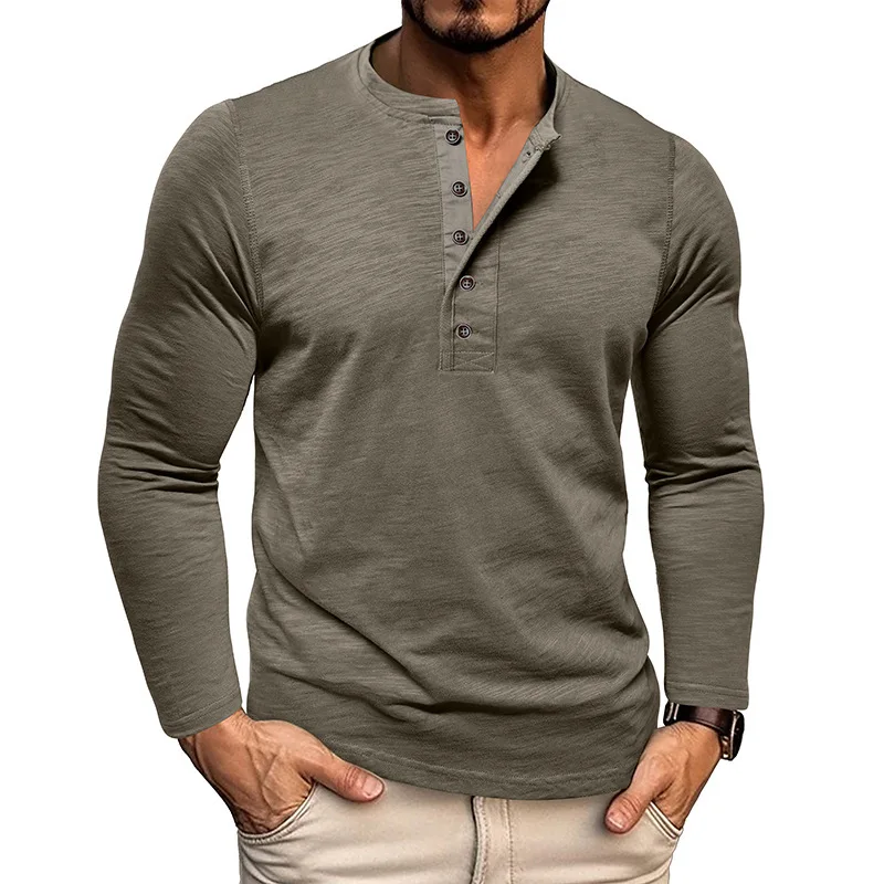 Men's Casual Henley Crew Neck Long Sleeve T-Shirt Henry Collar Button-Up Bottoming Shirt Male Solid High Quality Pullover