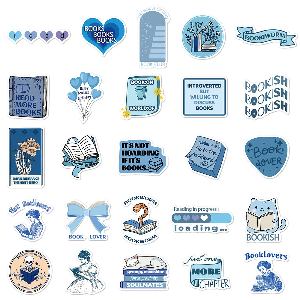 10/30/50szt Cute Cartoon Blue Bookish Stickers Reading Book Decals Scrapbook Phone Case Luggage Funny Graffiti Decals Decoration