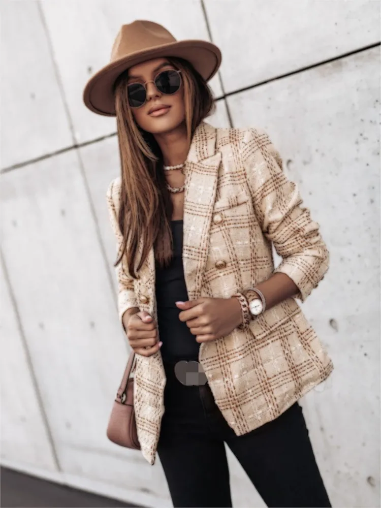 2025 Women New Double Breasted Plaid Blazer Coat Vintage Long Sleeve Flap Pockets Casual Buttons Autumn Blazer Female Outerwear