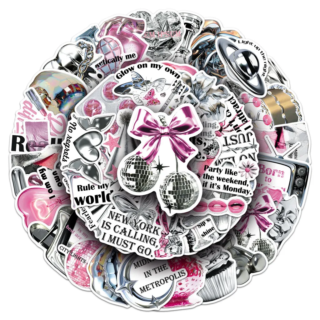 50 Sheets Y2K Silver Powder Series Stickers Korean High-end Aesthetic DIY Scrapbook Storage Box Decor Decals AnimeWorlds Store