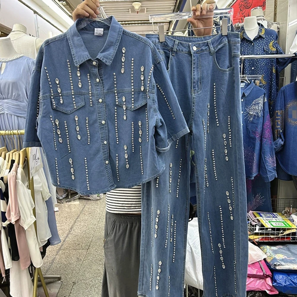 

Джинсовый костюм для женщин, новинка лета 2025 года, рубашка с короткими рукавами, модный джинсовый длинный брюки, костюм-двойка-GZTZ015