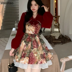 Vintage 2 Piece Dress Set Women Elegant Red Velvet Blouse Tops Floral Print Mini Dress Suit Female Korean Fashion Y2k Party Sets