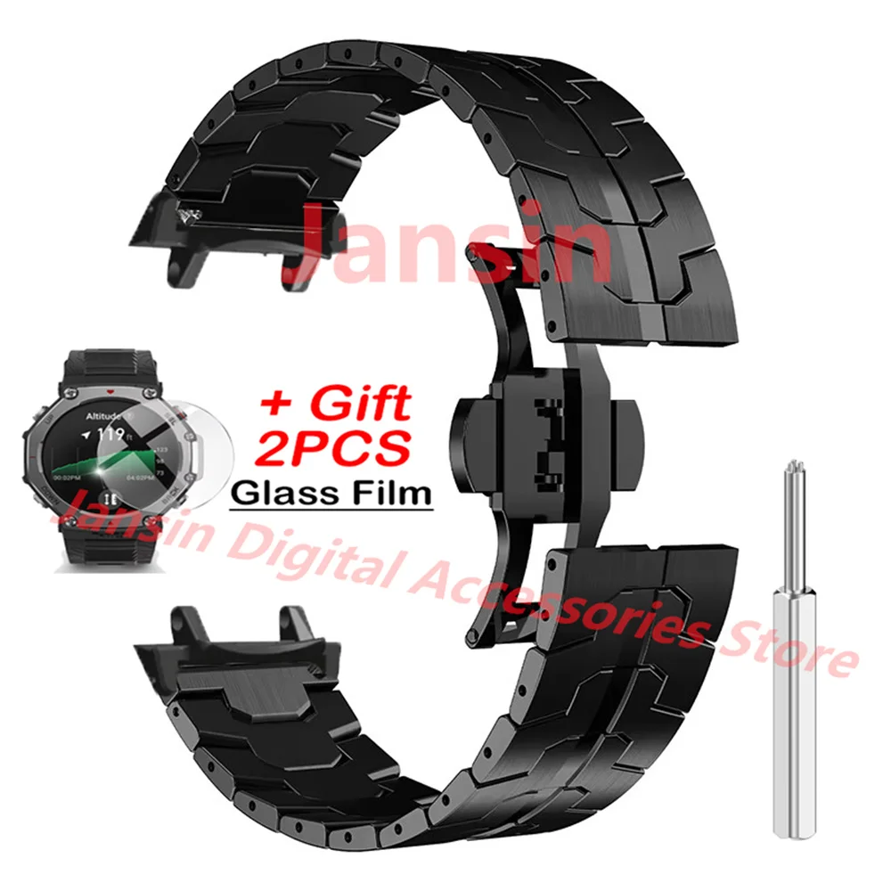 For Amazfit T-REX 3 Metal Band Business Bracelet For Amazfit t-rex 3 Protector Glass Films Strap Stainless Steel Wristband