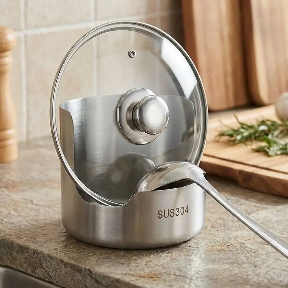 Stainless Steel Pot Lid Storage Rack Stable Non-Slip Spoon Holder Heat-Resistant Vertical Soup Spoon Rest Dinning Table