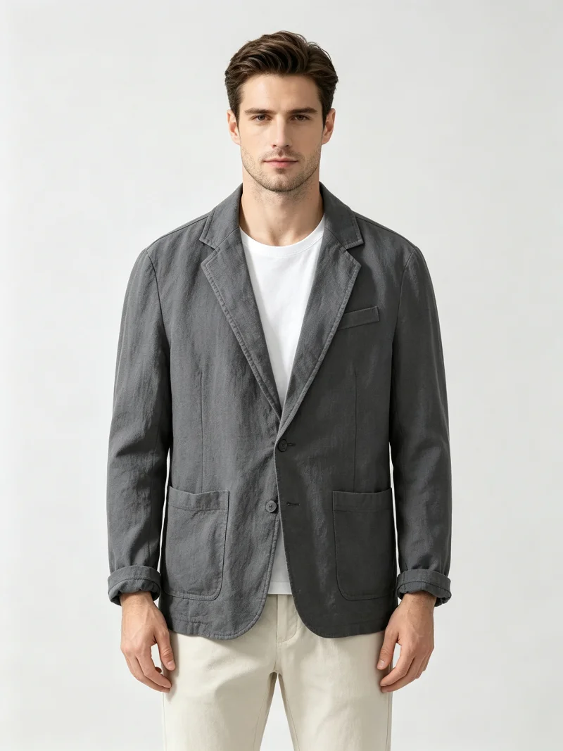 Men's Cotton Linen Suit Jacket Casual Summer Lightweight Notched Lapel Single Breasted Business Blazer Daily Wear