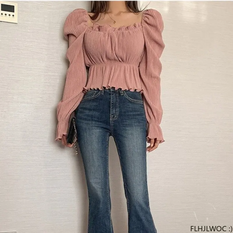 

Japan Style Girls Cute Ruffles Shirts Blouses Women 2023 Flhjlwoc Design Short Crop Peplum Korea Chic Off Shoulder Tops Blusas