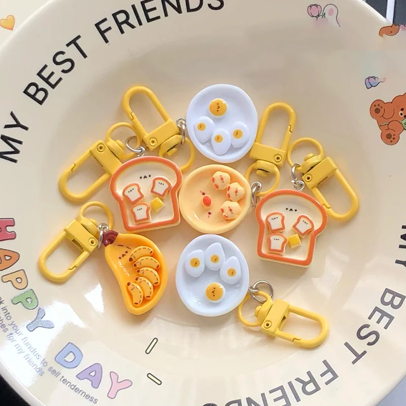 Porte-clés en forme d'œuf poché de dessin animé mignon, porte-clés créatif de nourriture de petit déjeuner, pendentif de sacs de décoration de sac à dos, gels de toast