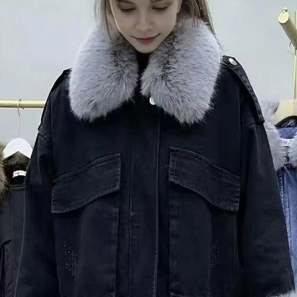 Women Denim Jacket Faux Fur Trim Long Sleeves Winter Outerwear Thick Plush Lined Pockets Cold-proof Mid Length Coat For Outdoor