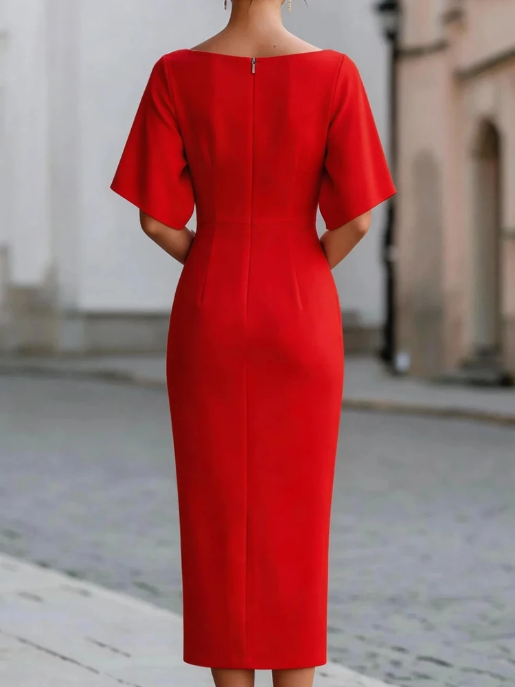 Slash Neck Patchwork Fashion Maxi Dress, Women Summer Half Sleeve Simple Party Dress, 2026 Solid Elegant Ladies Dress Streetwear