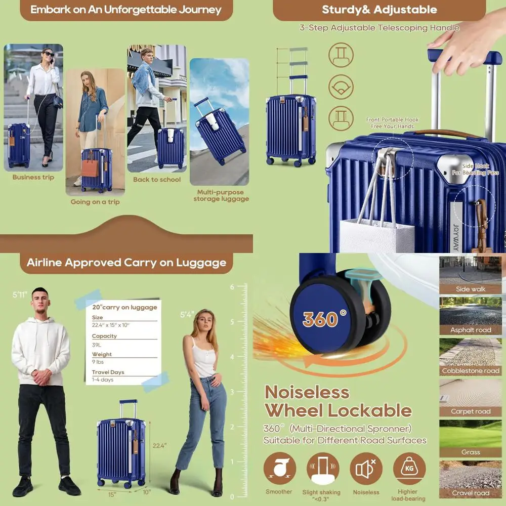 

3-Piece Blue Luggage Set: 20 Expandable Spinner with Cup Holder & USB, Anti-Slip Wheels for Men & Women