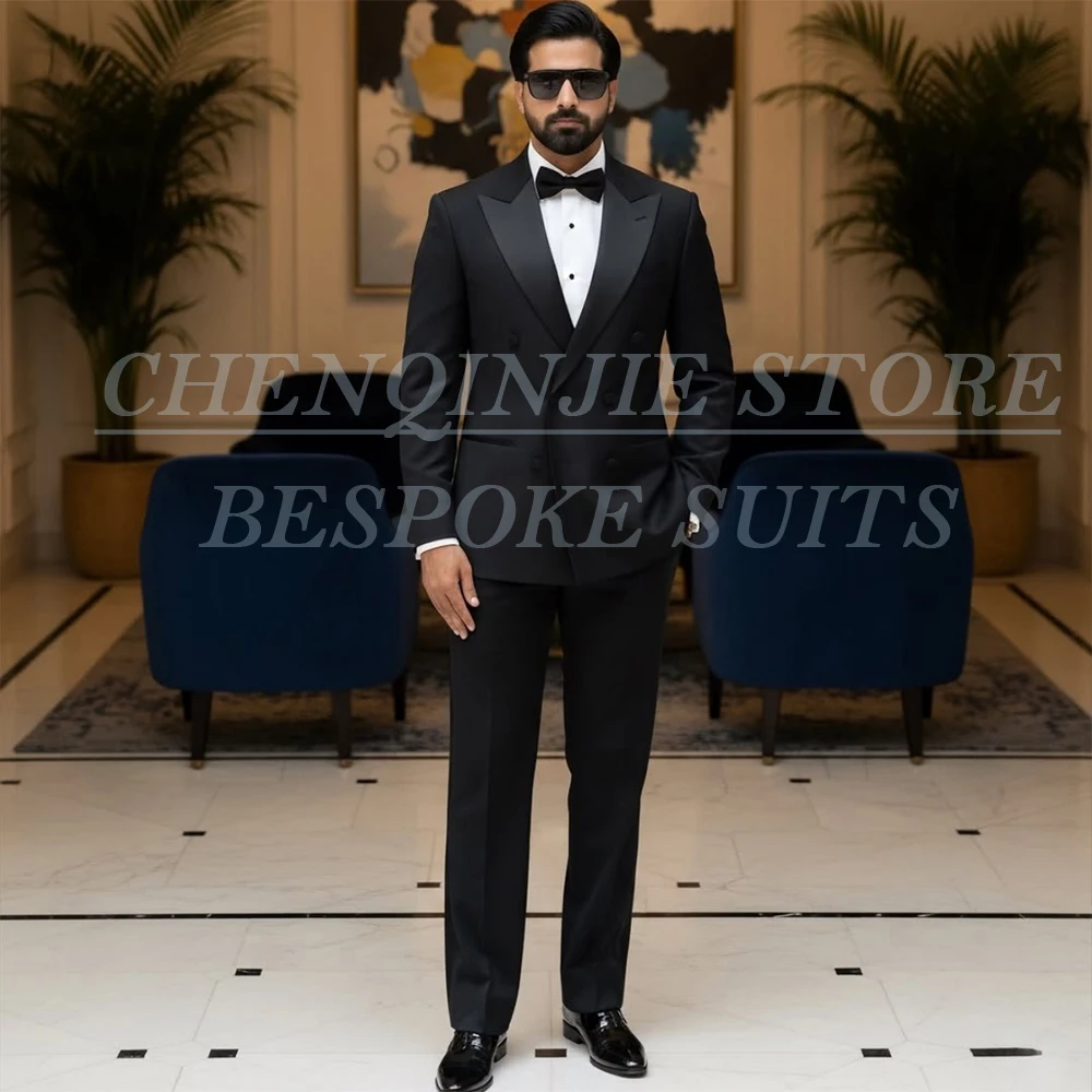 

Черные мужские костюмы на свадьбу 2026 Роскошные двубортные костюмы с острым лацканом Slim Fit из 2 предметов Куртка Брюки Формальные комплекты мужской одежды