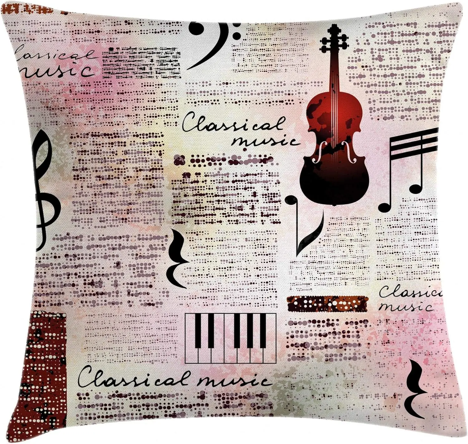 Old Newspaper Throw Pillow Cushion Cover, Classical Music Theme Instruments Piano Violin Notes Art, Decorative