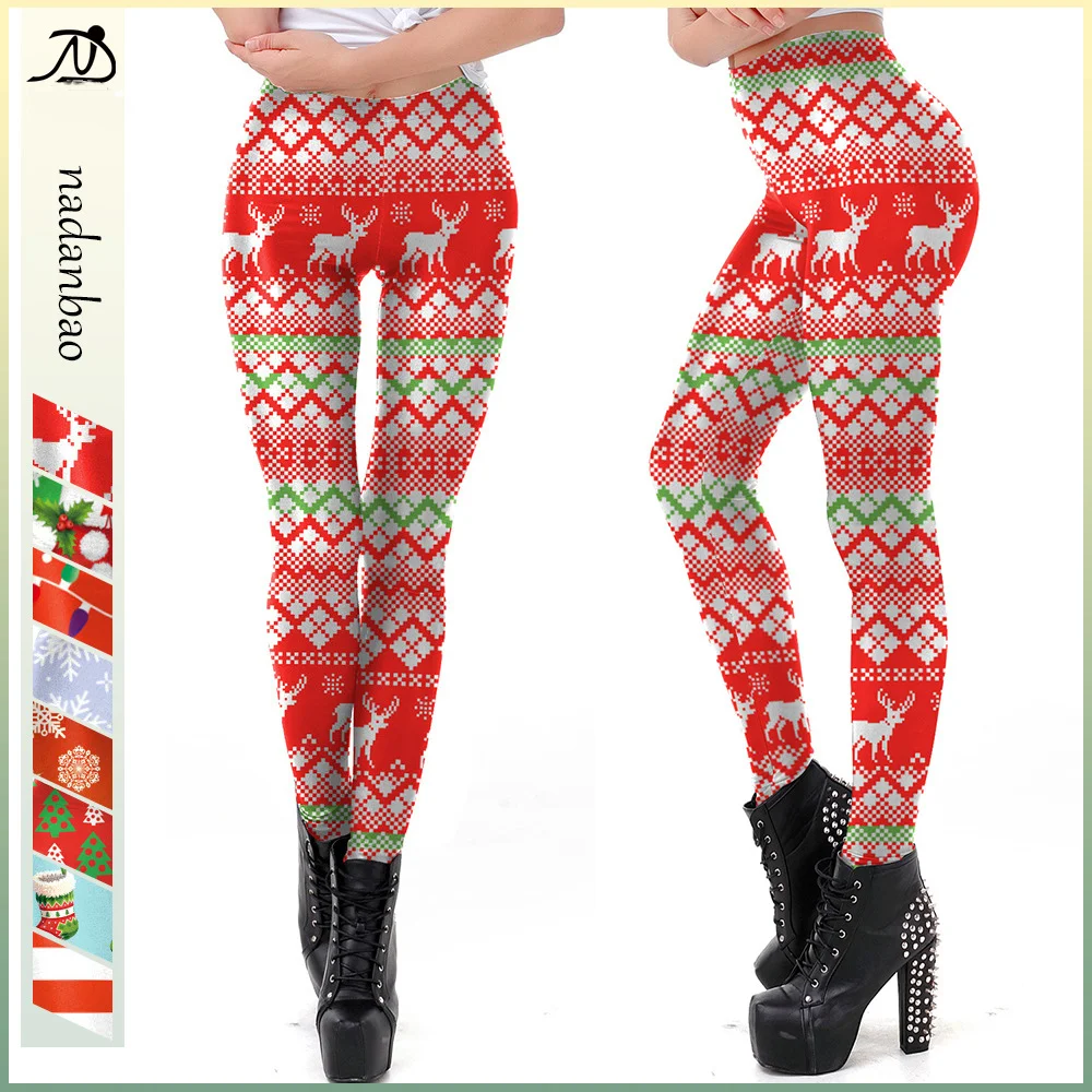 Nadanbao Snowflakes Print Leggings Women Mid Waist Elastic Tights Merry Christmas Pants Female Holiday Party Funny Trousers