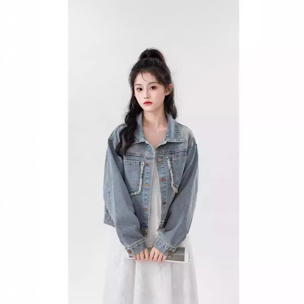 데님 코트 여성 빈티지 재킷 탑 스트릿웨어 싱글 버튼 턴다운 칼라 포켓 워싱 디스트레스드 아우터웨어 가을 2025