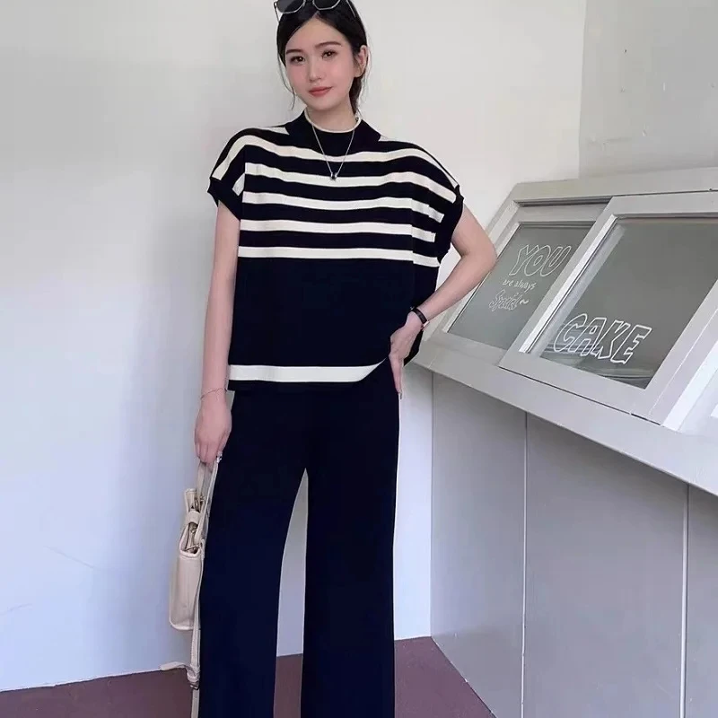 Harajuku Summer High Street Simple High-Grade Fashion Niche Striped Knitted Waistcoat Fashion Casual Slim Wide Leg Pants Women