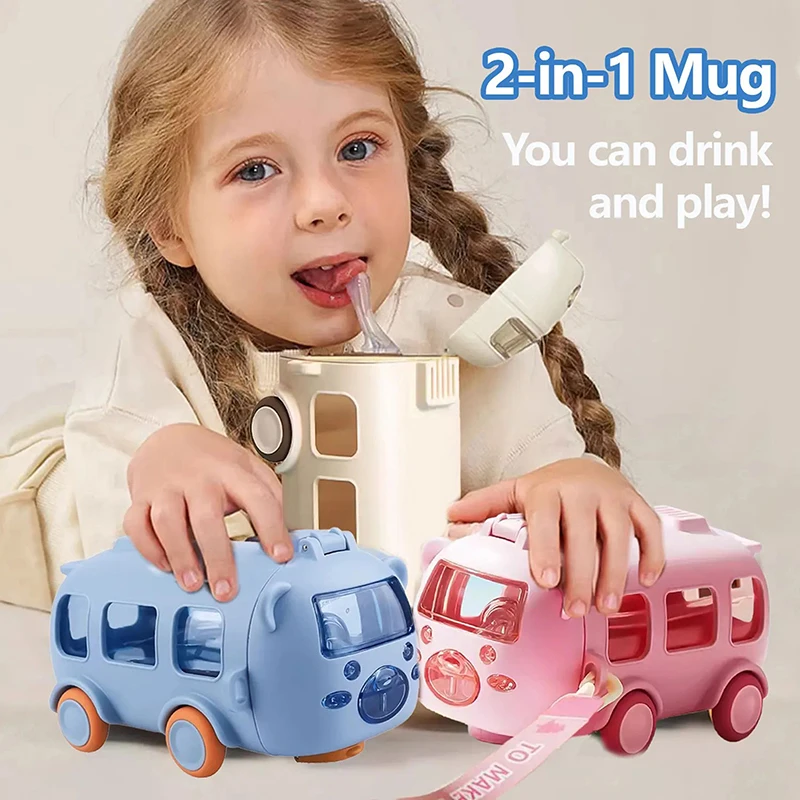 500ml Cute Portable Water Bottle With Shoulder Strap Kids Car Straw Water Cup Bus Shape Children's Water Bottle Drinking Cup