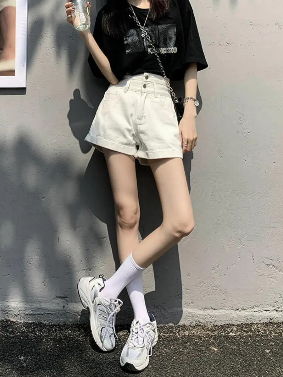 Primavera verão cintura alta perna larga jeans orts feminino solto a linha super ort fino emagrecimento versátil faionable orts