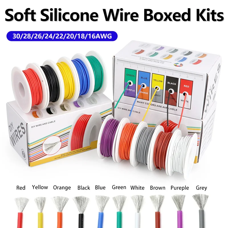 Boxed 5 Colors Mix Soft Silicone Wire 30/28/26/24/22/20/18/17/16AWG Heat Resistant Stranded Cable Electrical Tinned Copper Wire