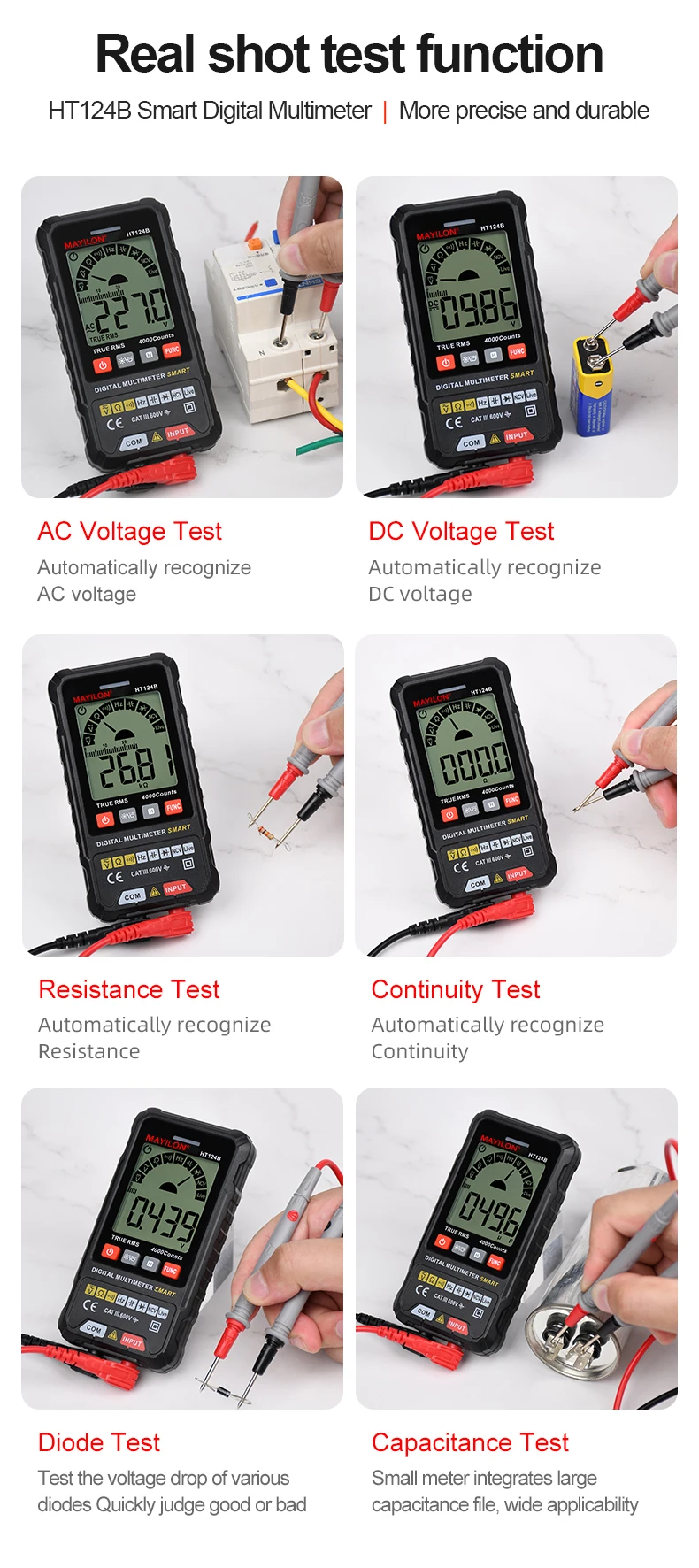 Ht124b+ Slimme Digitale Multimeter Digitale Ac Dc Stroomtang Multimeter Stroomtang Multimeter Met Holster Kleurendisplay