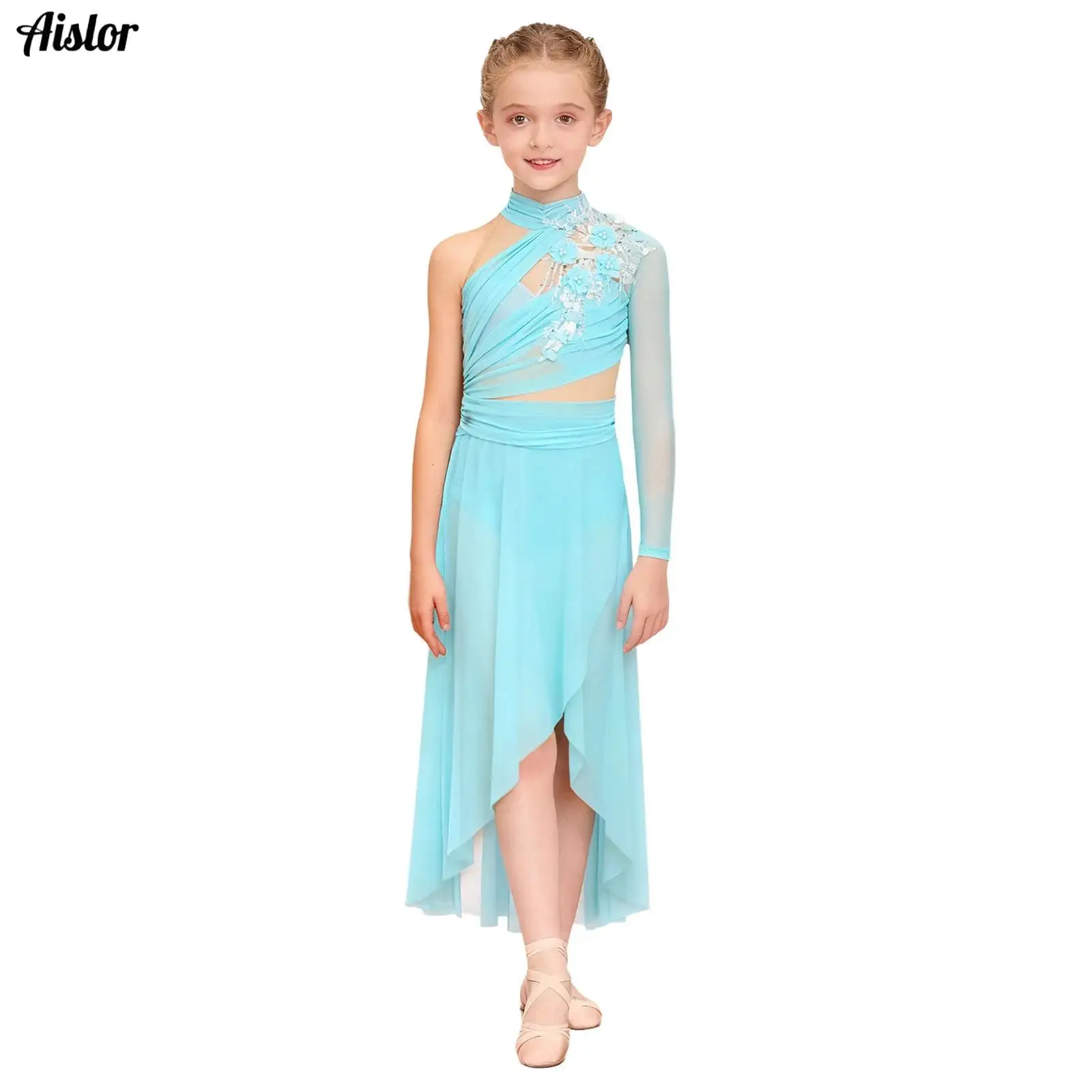 

Kids Girls Modern Lyrical Dance Dress Delicate Applique One Shoulder Keyhole Back Side Split Asymmetrical Hem Ruched Mesh Dress