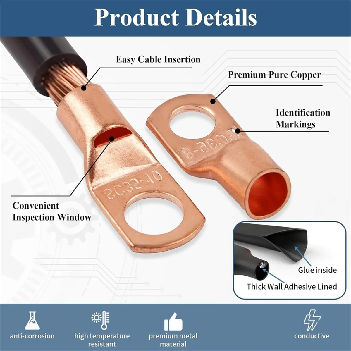HITL Copper Wire Lugs 130Pcs, AWG 2 4 6 8 10 12 Gauge Battery Cable Ends Connectors Assortment Kit for Marine, Automotive