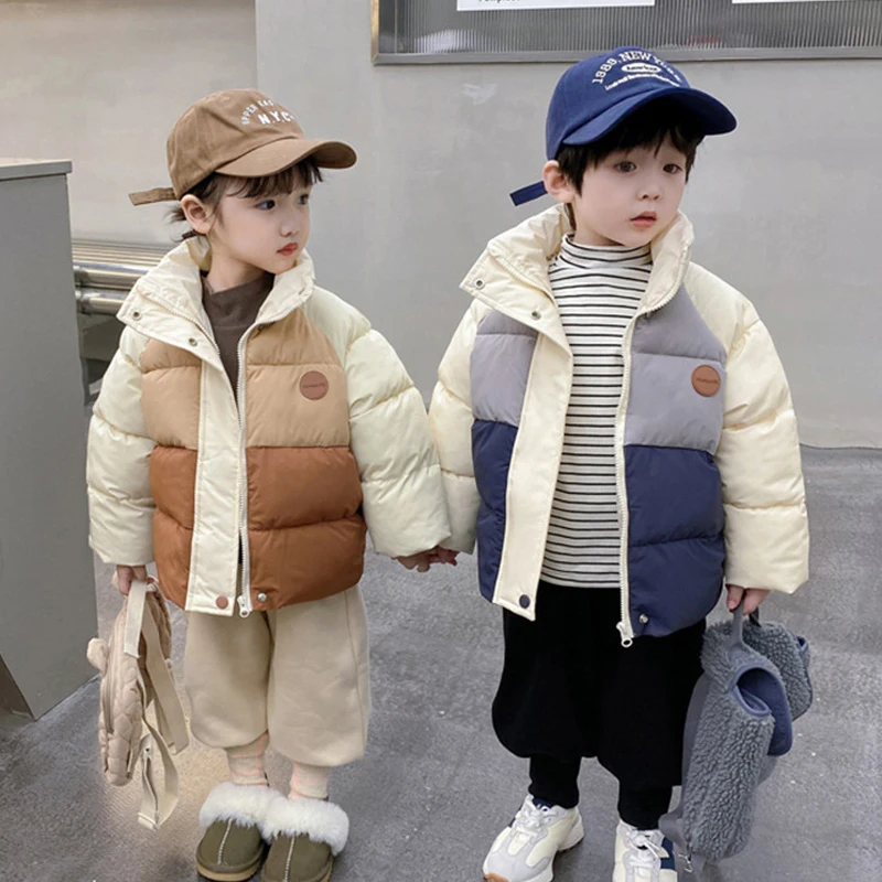 Baby Boys Down Cotton Jacket Autumn Winter Patchwork Thicken Keep Warm Stand Collar Outwear For 3-7 Years Kids Leisure Snowsuit