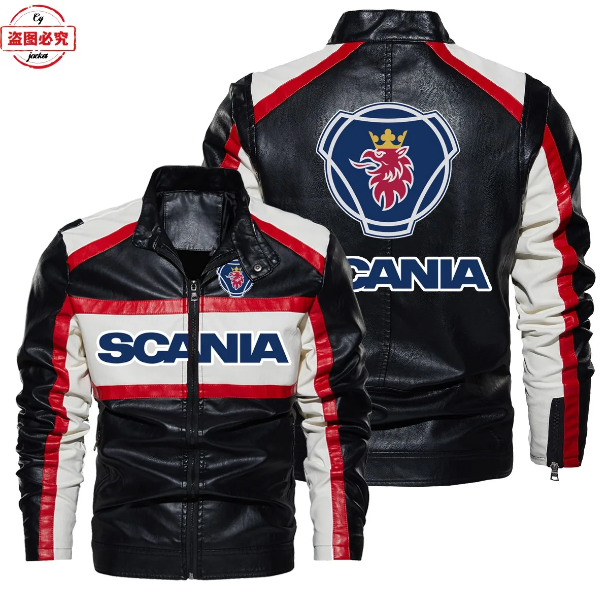 

EU Size Heavy-duty Truck Logo Print Retro Washed PU Leather Jacket Scania Men's Jacket Truck Workwear Team Uniform