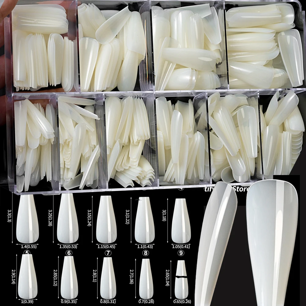 500Pcs Mid-Ballet Clear/Natural Full Cover Press On Nail Tip 26-33mm Ballet False Fake Nails DIY Manicure Extension Tips Capsule