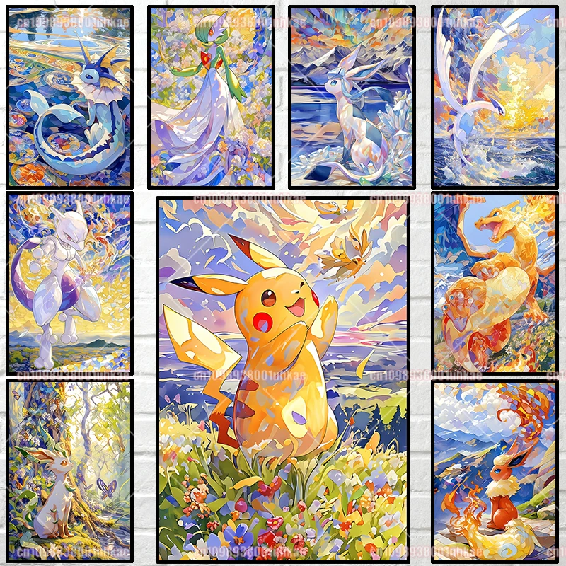 Klassisches Anime-Poster mit Pokemon Mewtwo, Eevee, Charizard, Gardevoir, Greninja, Aquarell-Leinwandgemälde, Wandkunst, dekoratives Gemälde