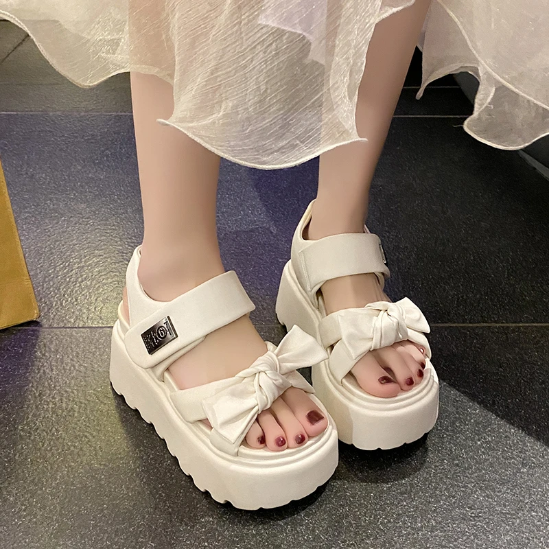 

8CM Butterfly-knot Sandals 2026 Summer Platform Flats Women Peep Toe Slippers Gladiator Beach Shoes sandalias de mujer verano