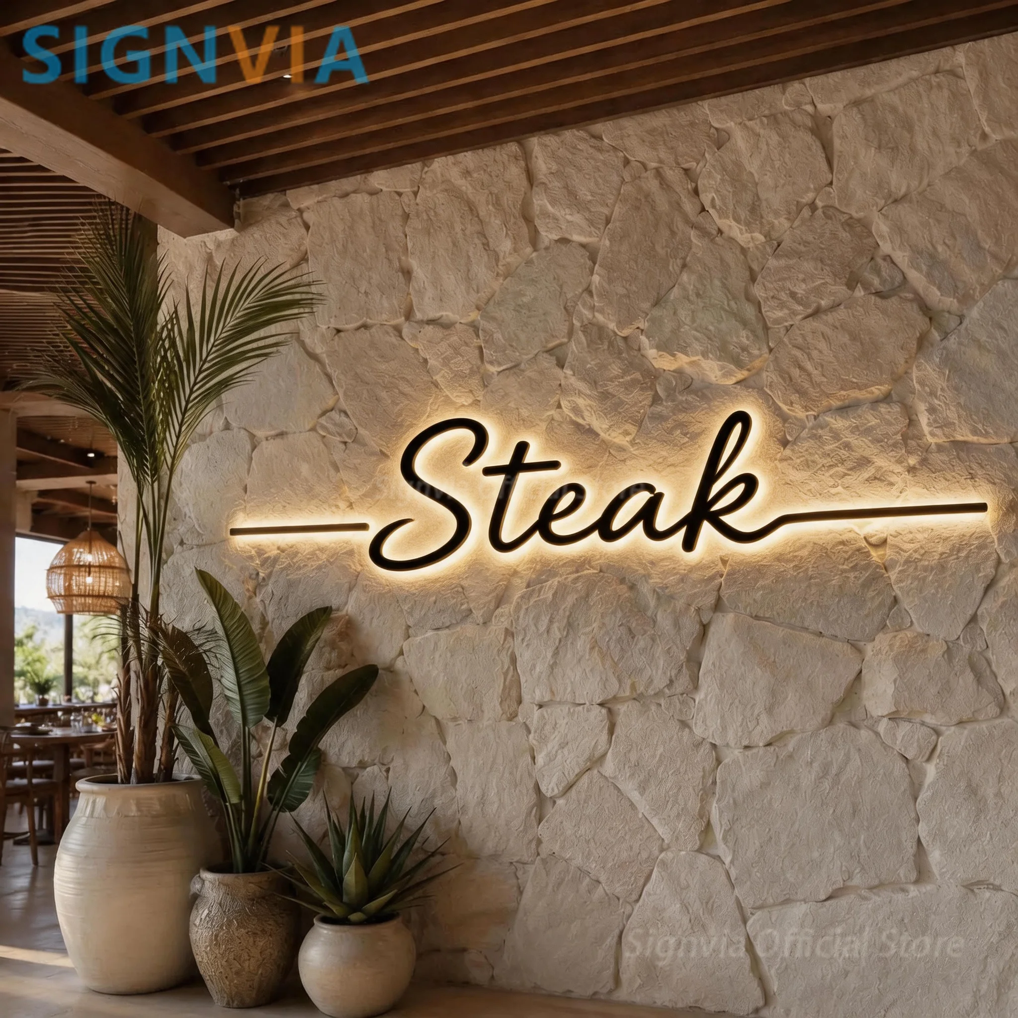 Steak Outdoor Custom LED Light Sign, 3D Backlit Acrylic Letter Signboard, Fontlit Illuminated Logo for Business