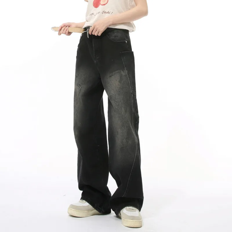 New autumn men's clothing collection, American high street fashion splicing, deconstruction, straight leg loose jeans trend