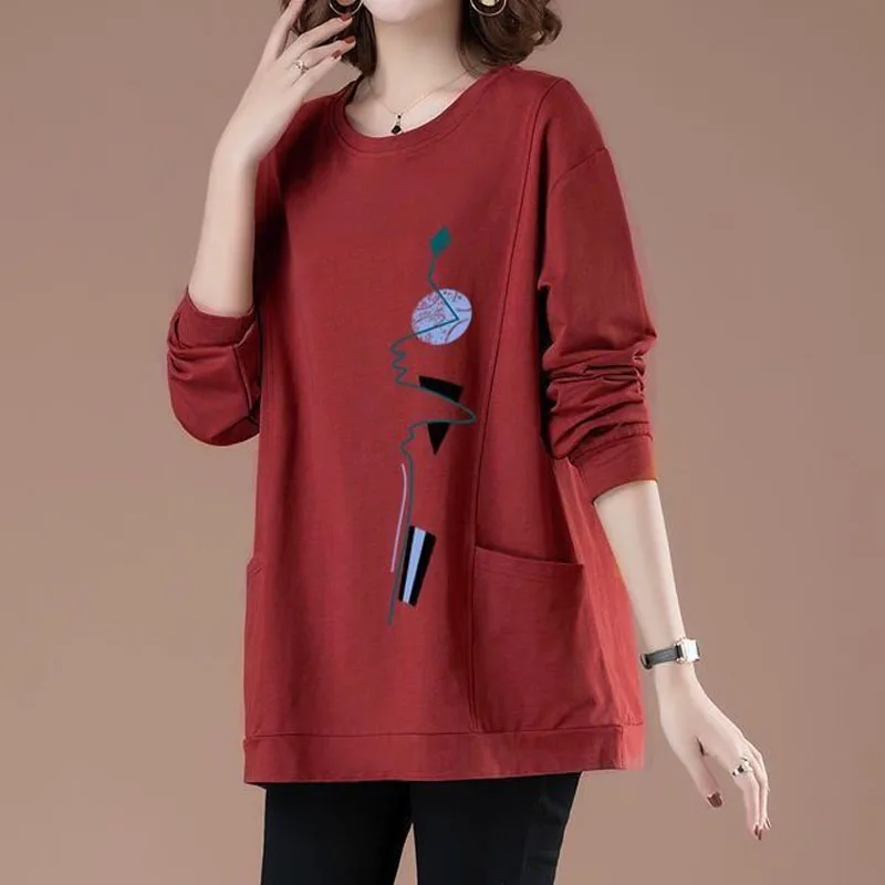 Loose O-Neck Bright Line Printing Basic Thick Middle Aged Mother Clothing Cotton Two Pockets Multiple Colors Sweatshirts Casual