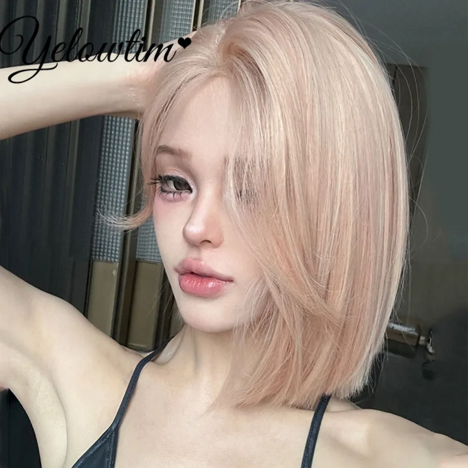 Blonde Pink Ombre Synthetic Wigs Short Straight Bob Wigs for Women Middle Part Lolita Cosplay Natural Hair Heat Resistant Fiber