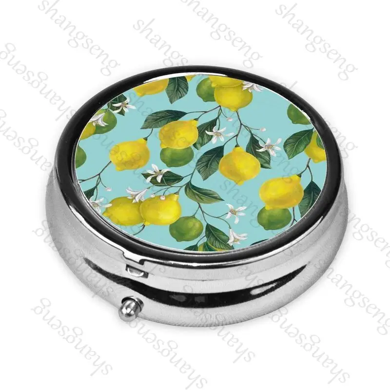 Portable Pill Box Wallet Decorative Metal Vitamin Travel Wallet and Pocket Small Pill Box Travel Pill Box Lemon fruit