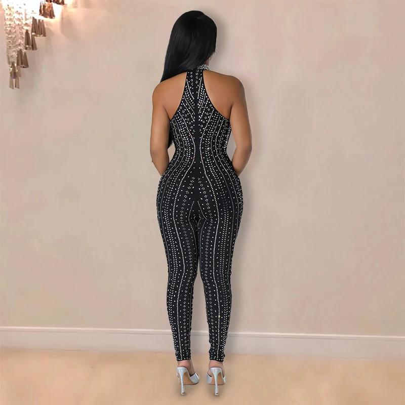 Elegant Jumpsuit, Solid Diamond O-neck, Off Shoulder, Hollowed Out, Sexy Slim Fit Nightclub, Evening Wedding Party, Sexy Jumpsui