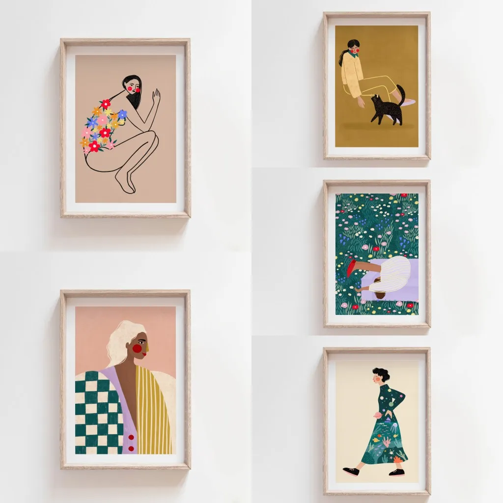 Whimsical Colourful Art Print Vibrant Woman Minimal Portrait Canvas Painting Female Poster Dorm Home Wall Decor