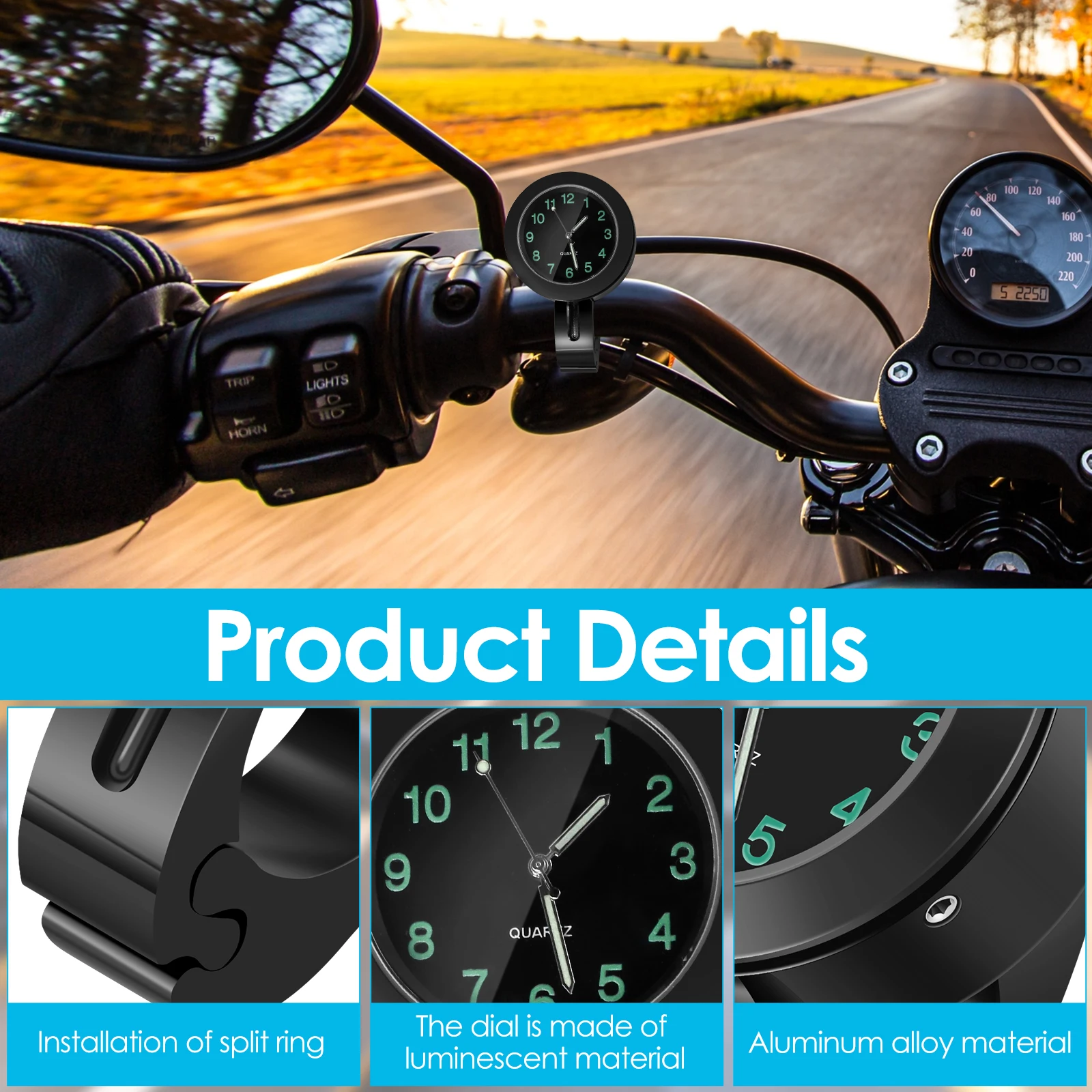 1Pc Aluminum Alloy Motorcycle Handlebar Clock Waterproof Motorbike Handlebar Watch with Luminous Dial for with 7/8-1'' Handlebar