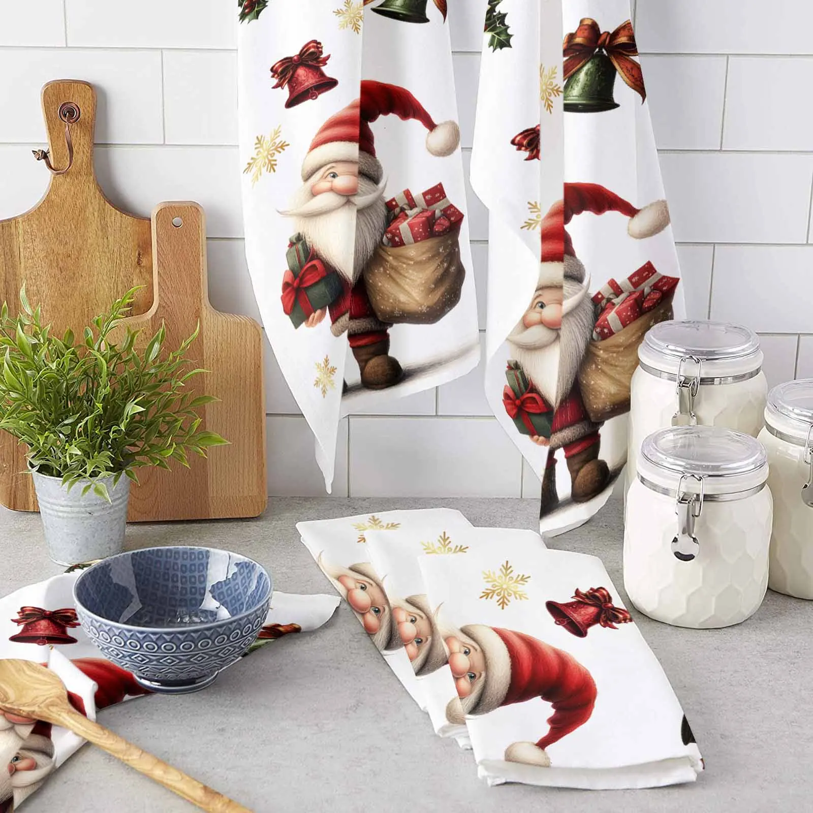 Christmas Goblin Snowflake Gift Bell Printed Tea Hand Towel Kitchen Dishcloth Water Absorption Household Cleaning Cloth