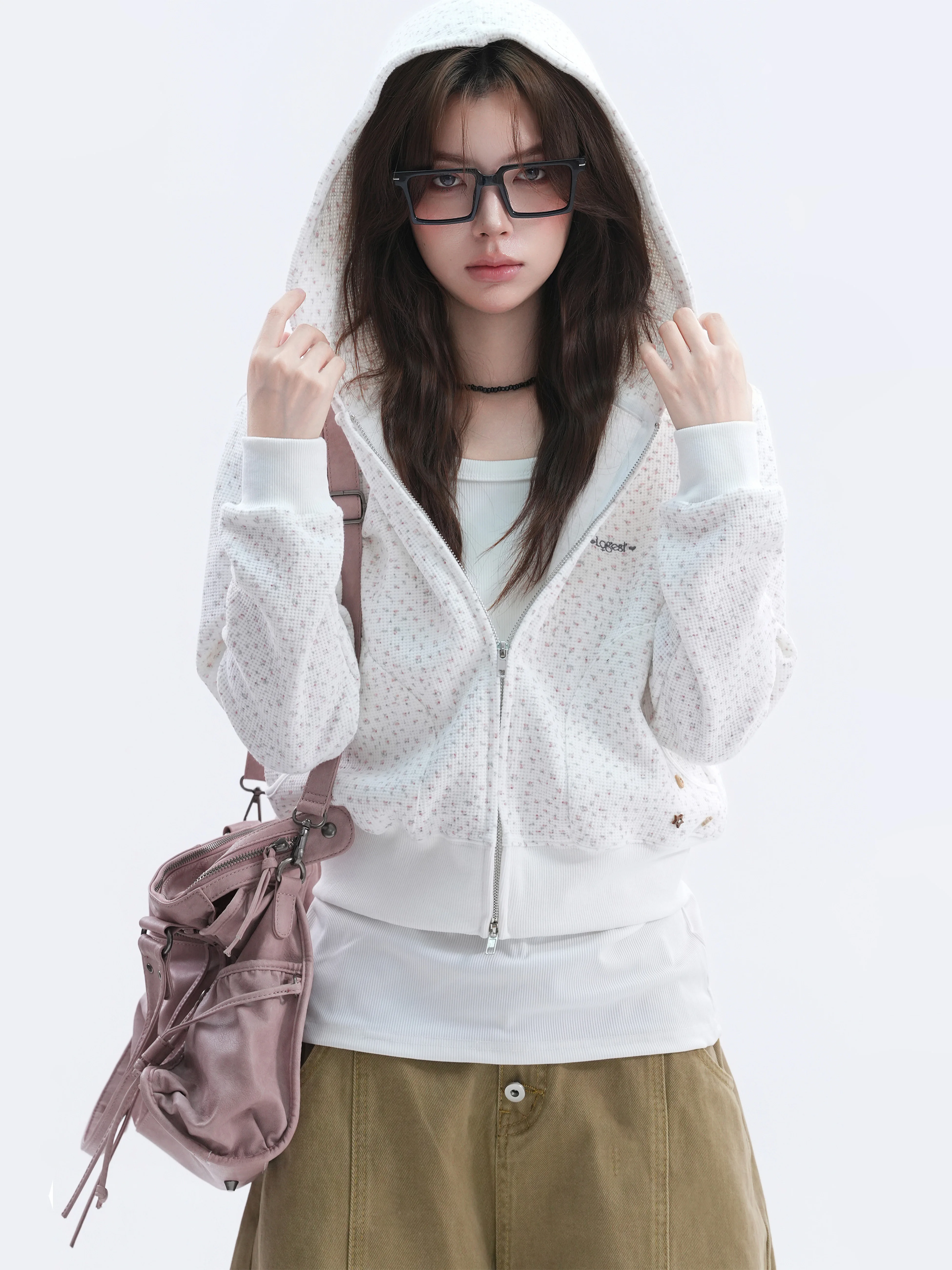 Korean Style Floral Print Hoodie Women's Sweet Style Cardigan Coat Casual Slim Fit Long Sleeve Short Coat Polyester Cotton Blend