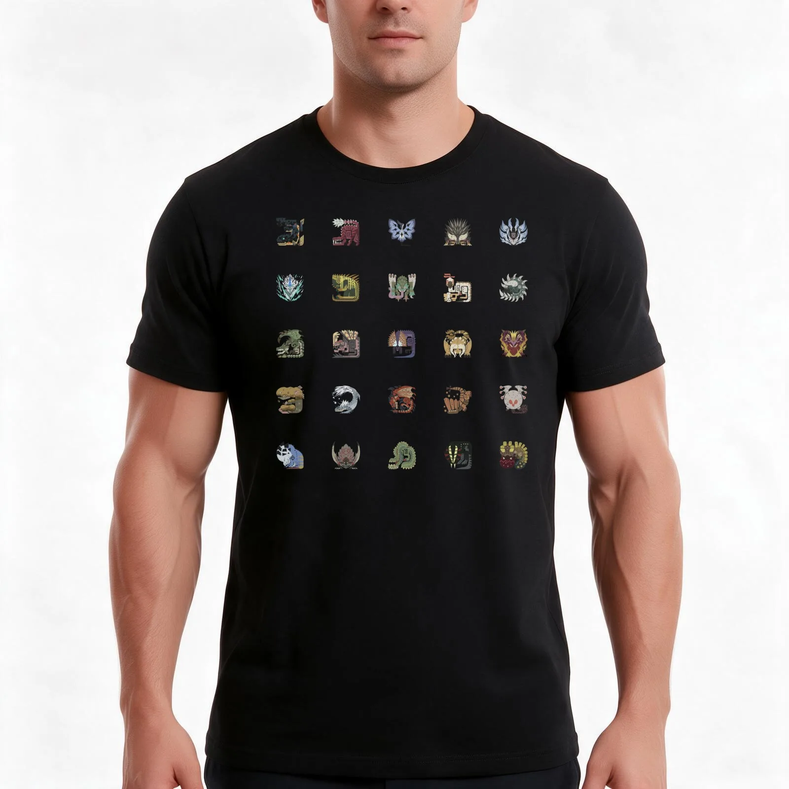 Monster Hunter World Tiled Icons T-Shirt Summer Casual Cotton Tee Oversized Streetwear Tops Vintage Graphic Print