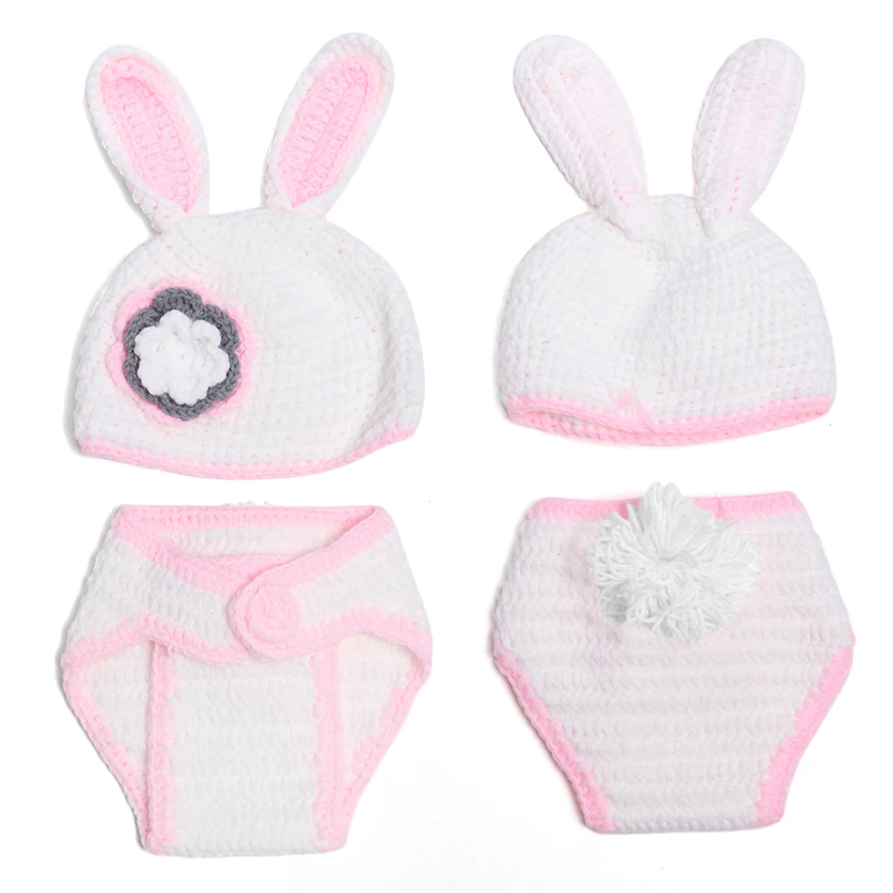 

Unisex Newborn Baby Rabbit Photo Props Knit Corchet Photography Props Outfits Hat Pant - Flower Bunny (Pink and White)