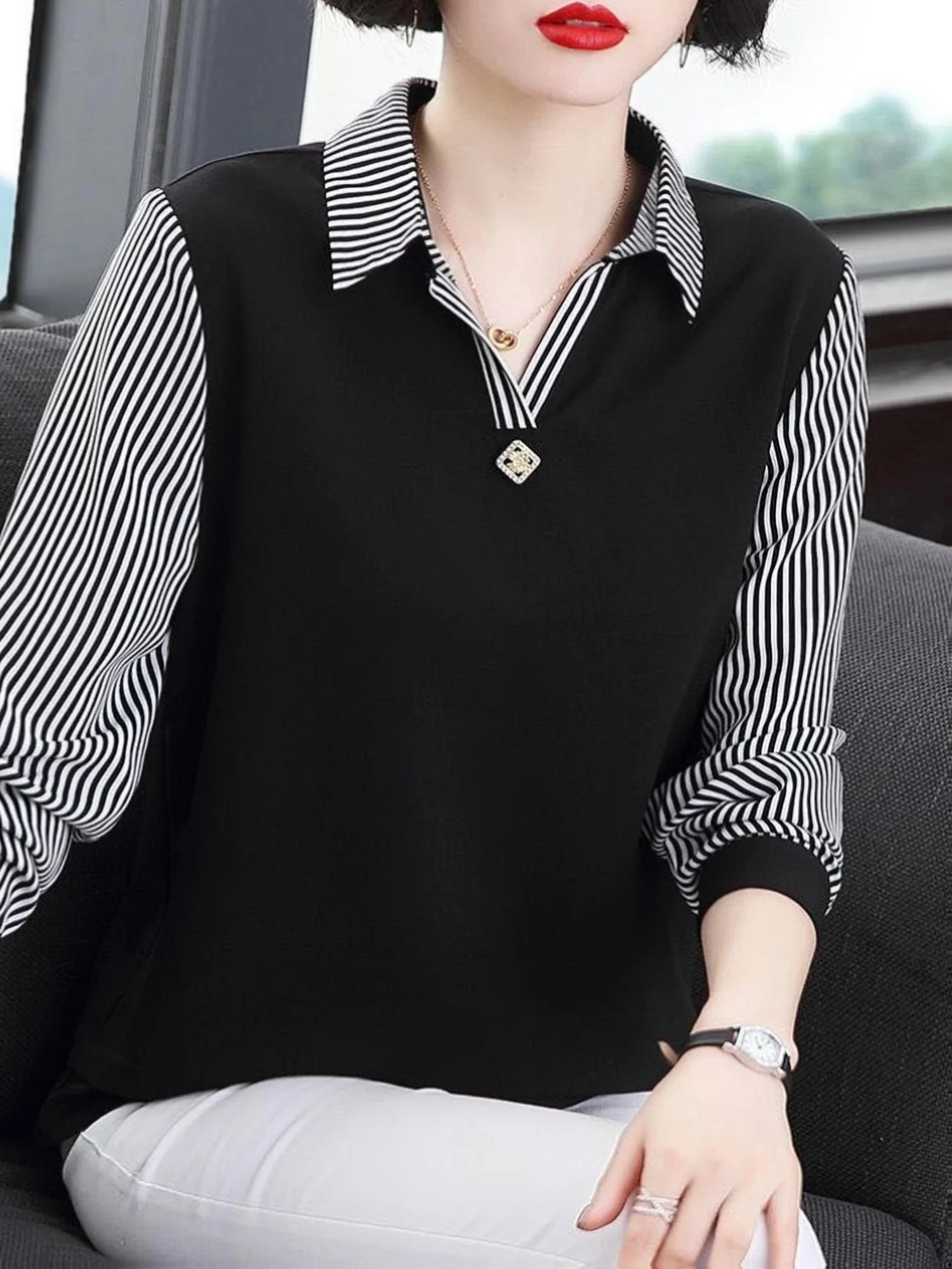 

Осенняя новая контрастная цветная строчка, нишевая полосатая свободная рубашка, темпераментная рубашка для поездок на работу, топы для женщин