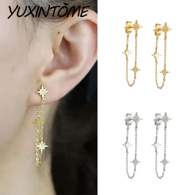 

925 Sterling Silver Needle New Niche Design Micro-encrusted Zircon Star Chain Tassel Earrings Women Fashion Light Luxury Earring