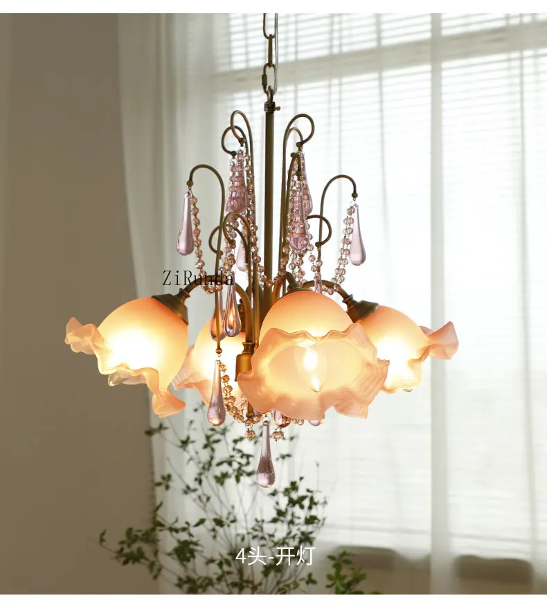 อเมริกันร้านอาหารยุคกลางโคมระย้าคริสตัลภาษาฝรั่งเศสคํา Pastoral โคมไฟห้องนอนโรแมนติก Retro โคมไฟคริสตัลสีชมพู