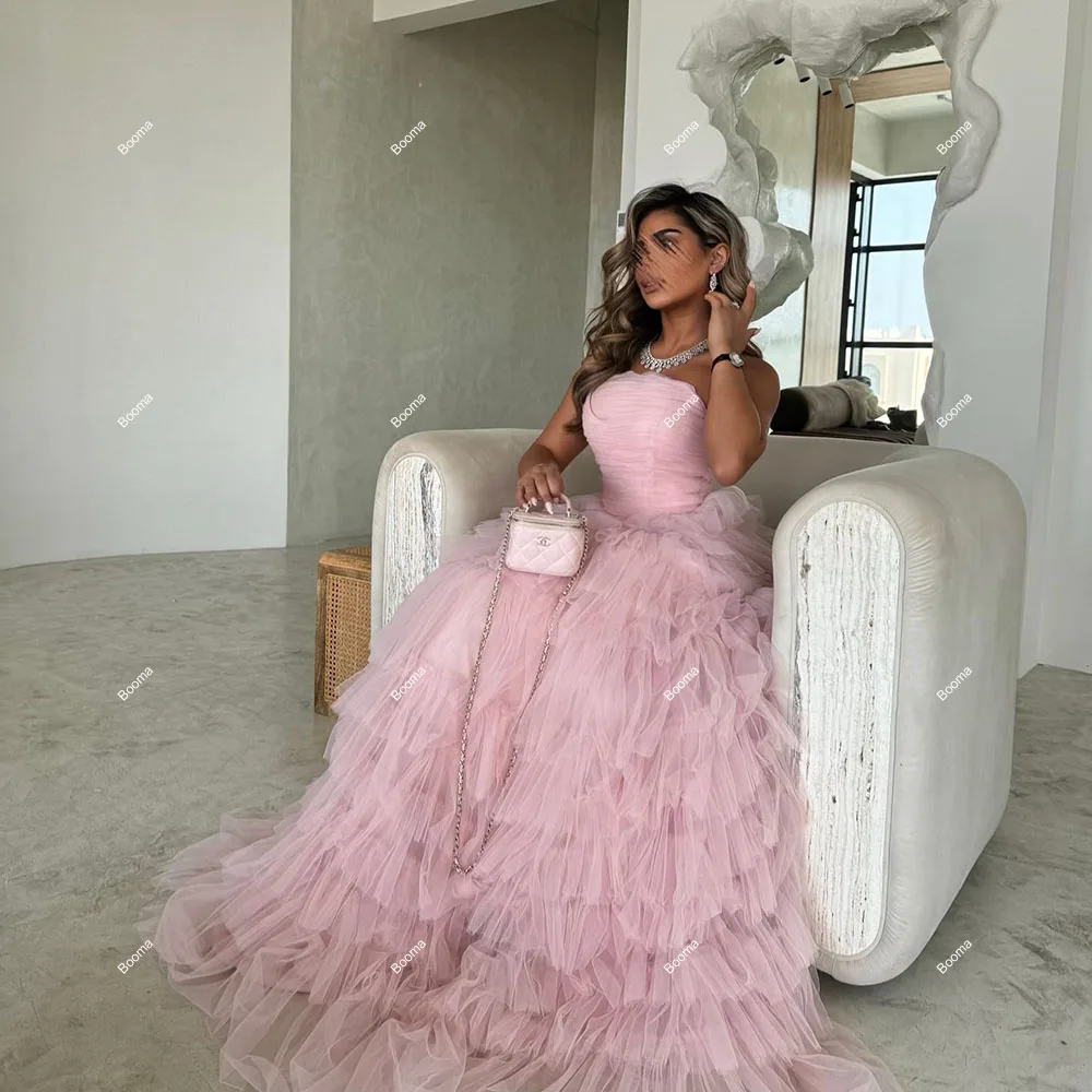 Booma A-Line ชุดราตรี Strapless Tiered Tulle Prom Gowns สําหรับผู้หญิงยาวอย่างเป็นทางการ Party Dresses ดูไบศุลกากร