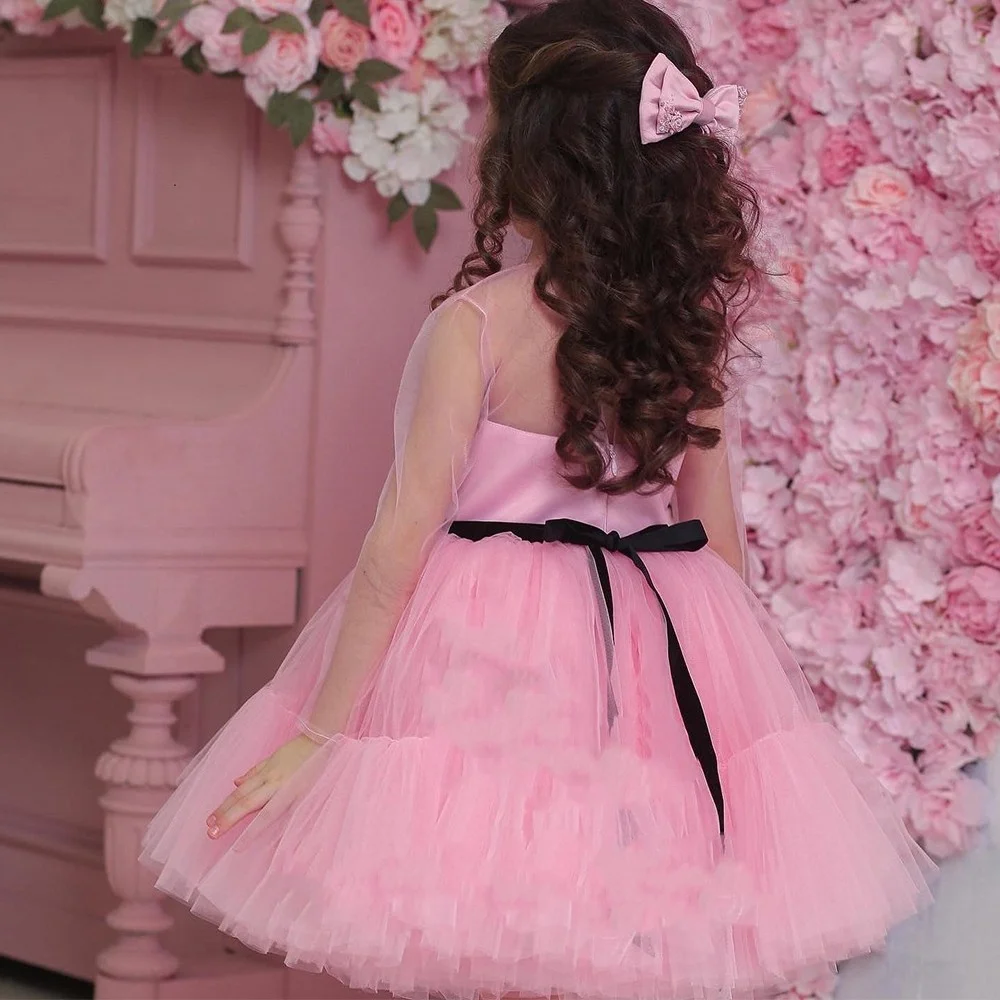 Pink Flower Girl Dresses Full Sleeve With Soft Tulle 2023 Round Collar Wedding Party Gowns New Tiered Communion Customization